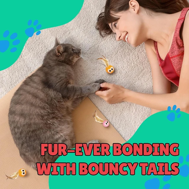 3/5 Pack Cat Toy Balls with Feather Tails - Stimulate Instinctive Play, Enhance Pet - Owner Bond 3