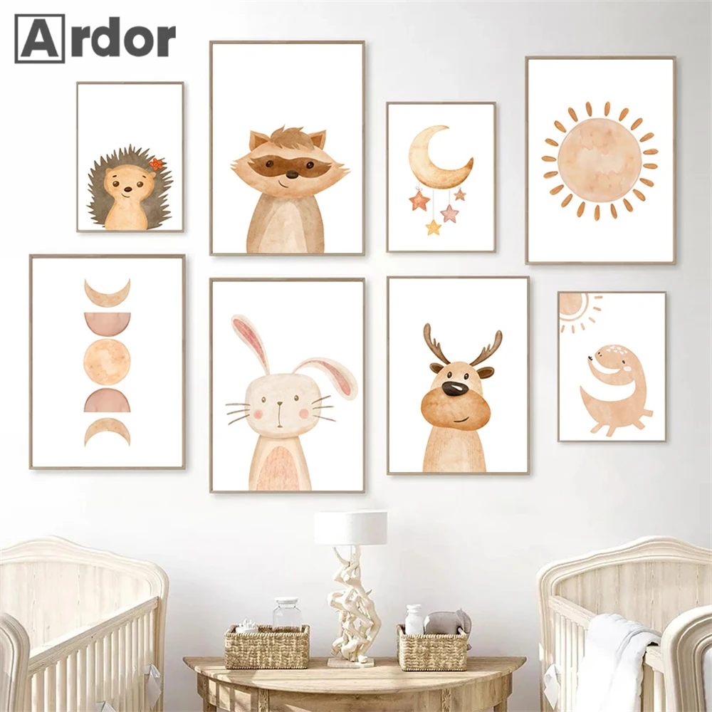 

Boho Wall Posters Deer Rabbit Canvas Painting Sun Moon Art Print Nursery Poster Nordic Wall Pictures Baby Kids Room Decoration