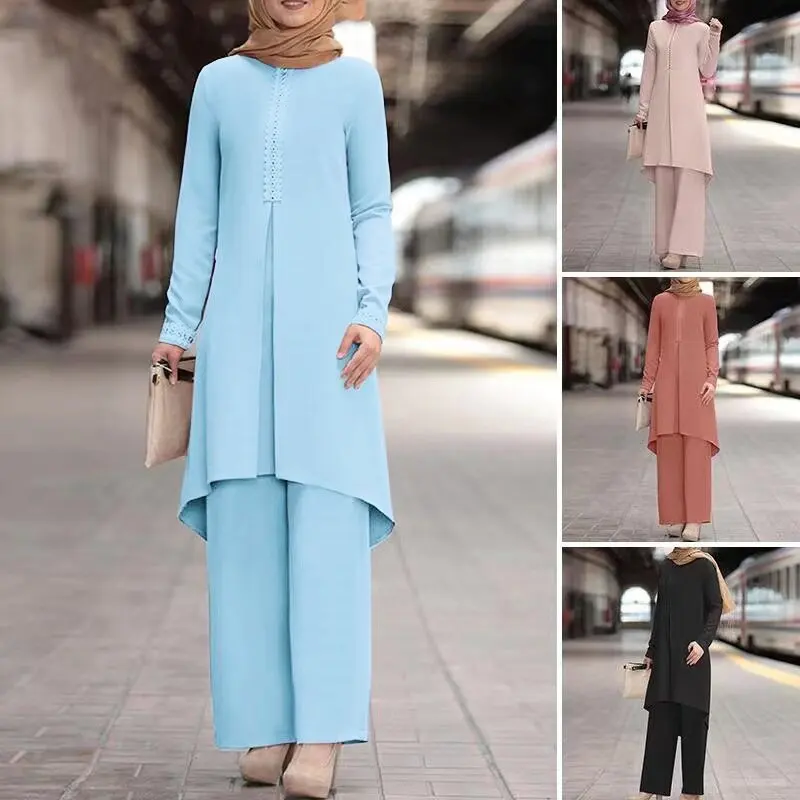 Muslim Fashion Women's Wear Spring and Autumn New Solid Color Long Sleeve Lace Placket round Neck Top and Trousers Suit