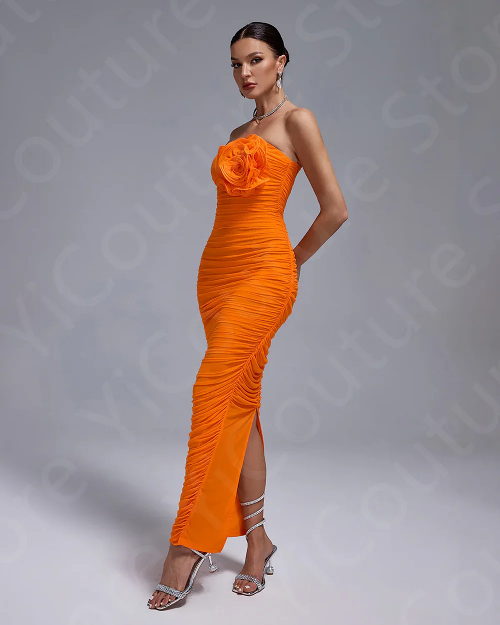 Orange Cocktail Party Dresses Ankle Length Homecoming Gowns Strapless Flower Pageant Dresses Back Slit Pleating