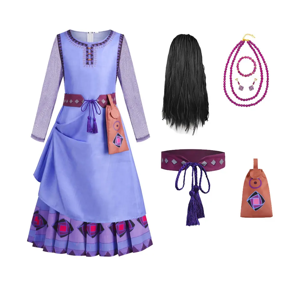 

Wish Asha Costume For Girl Dress Fashion Children Cartoon Frock+Bag+Belt+Necklace+Wig Set Kid Tunic Cloth