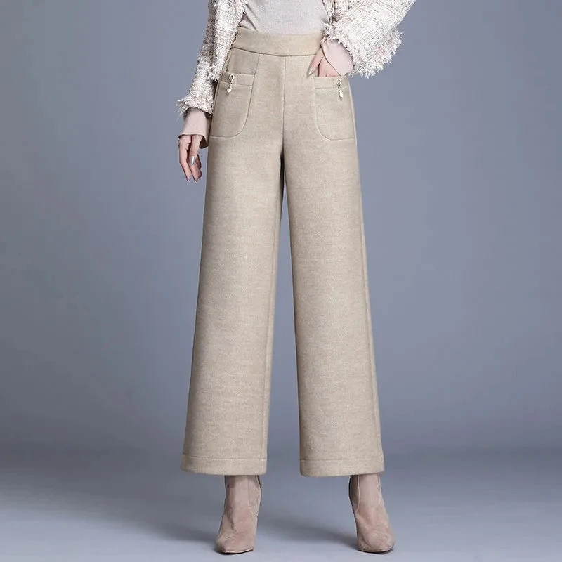 

Vintage Woolden Wide Leg Pants Women Elastic Waist Pocket Baggy Pant All-Match Solid Colors Casual Trousers Overszied Pantalones