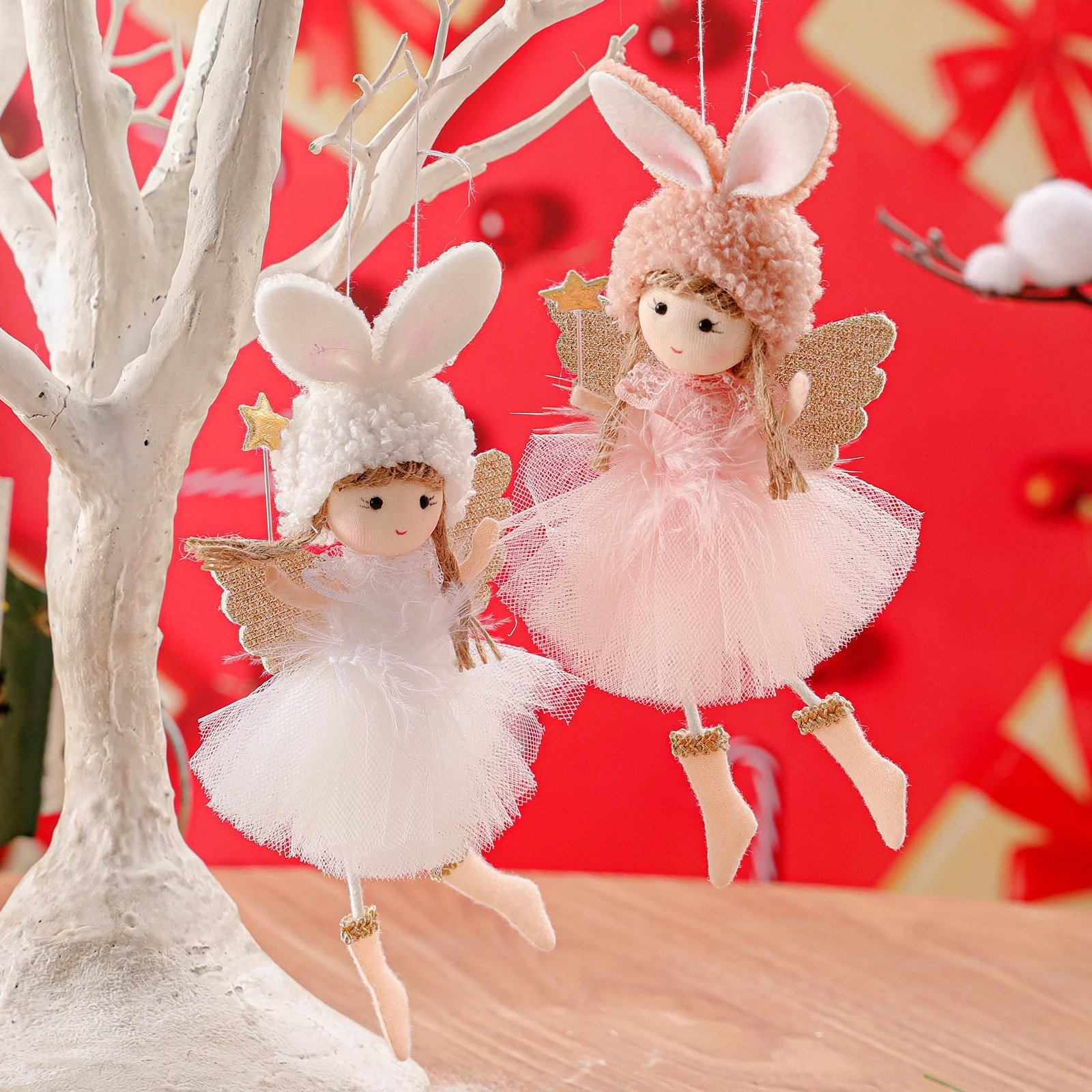 60PCS Lace Rabbit Ear Girl Shape Doll Pendant Christmas Tree Decoration Small Pendant Accessories
