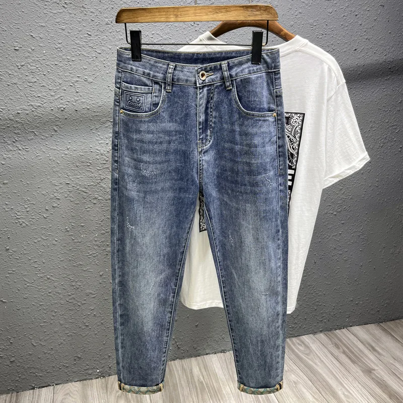 2024new elastic printing denim (ankle-length pants) men's thin Breathable High-end trendy all-match casual slim-fit pants