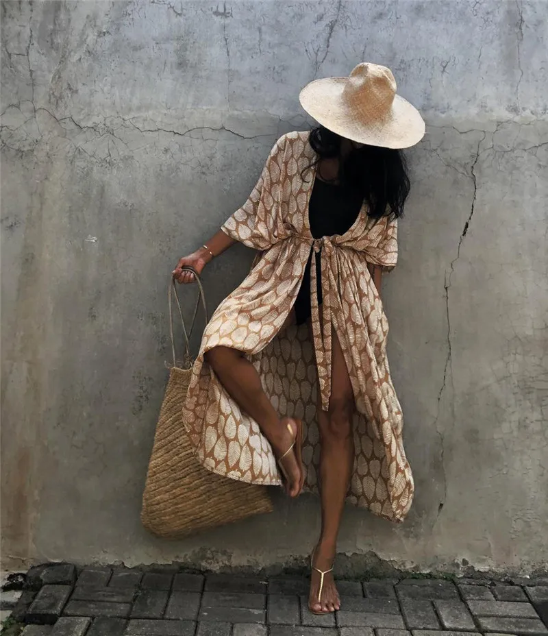 Women Plus Size Long Cover up Bikini Coverups Kimono Tie Front Bathing Suit Swimsuit Beachwear 2
