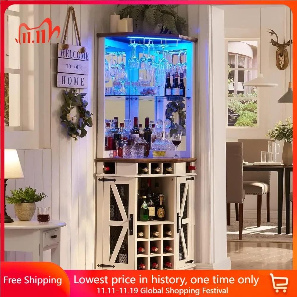 Bar Cabinet, Cabinets with Barn Door & Adjustable Shelf, Home Bars Cabinets with LED Light & Glass Rack, Bar Cabinet