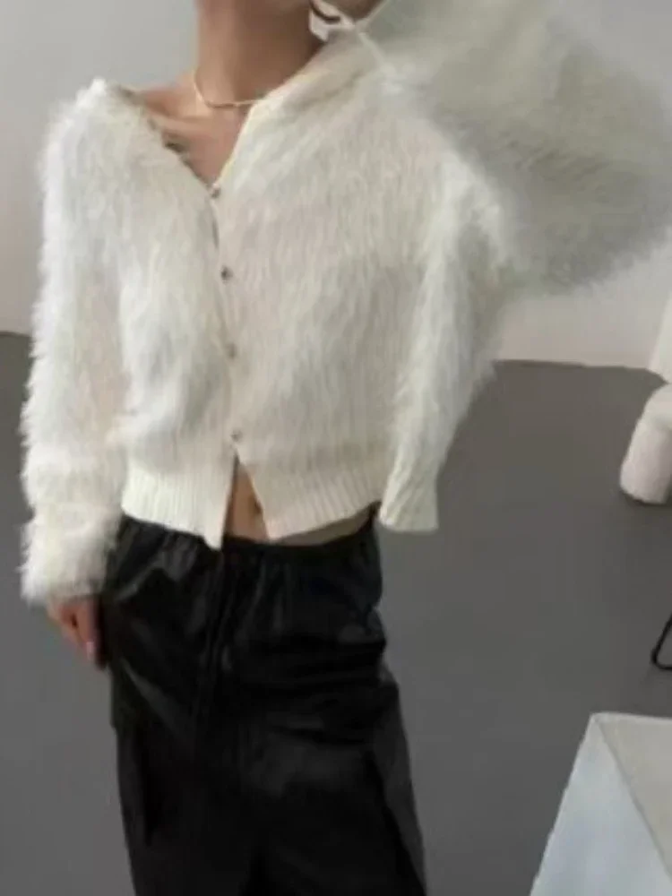 Autumn and Winter New Plush Solid Color Women's Long-sleeved Sweater Cardigan Single-breasted Elegant Hooded Knitted Jacket