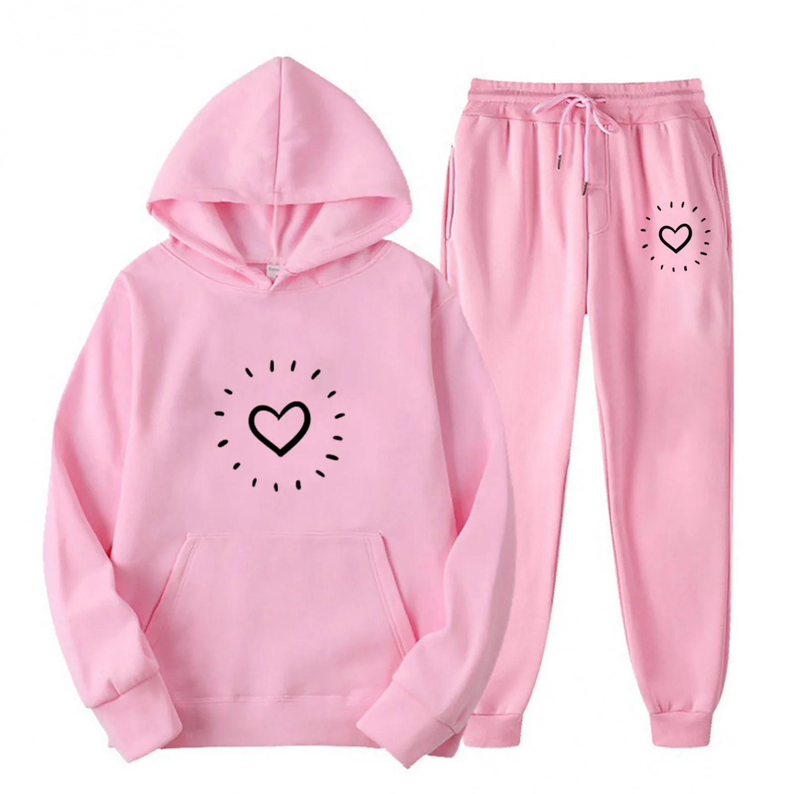 

Winter Women's Hooded Sweatshirt Set Loose Solid Color Love Heart Velvet Casual Tracksuit Women Petite Sweaters