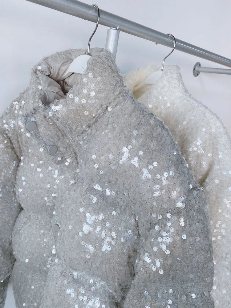 Luxury Women Sliver Sequined down jacket 2023 Winter Thick warm Turtleneck Puffer coat Oversized Outwear White Chic INKEO 3O126