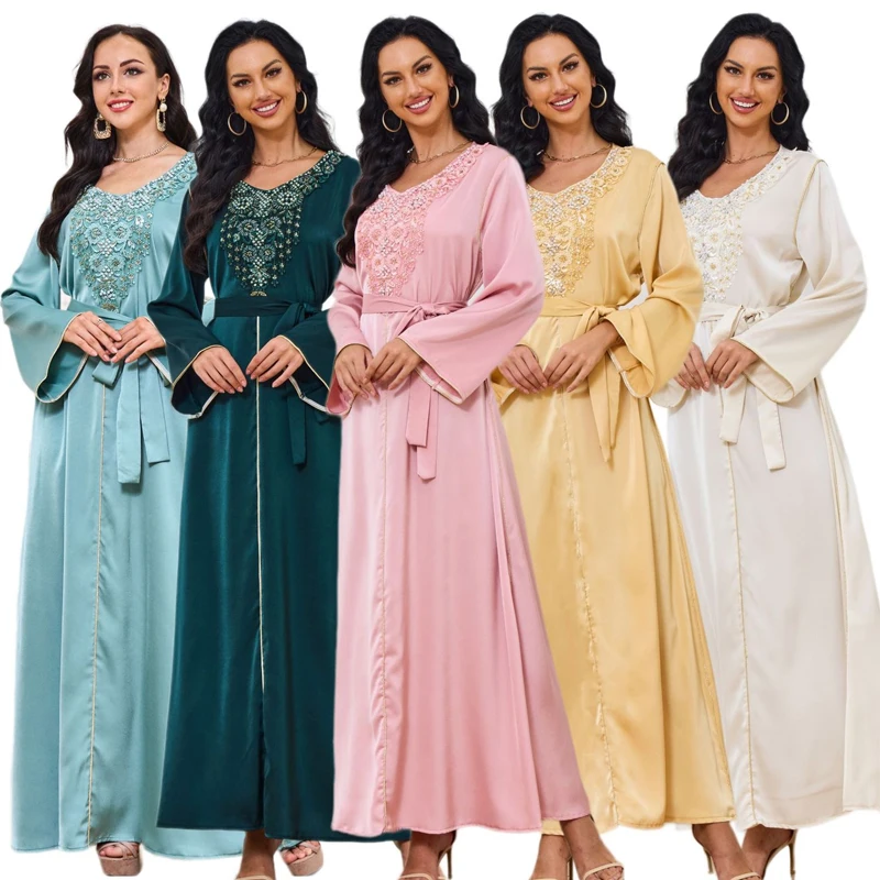 

Fashion Embellished Pearl Abaya with Belt Saudi Arabia Middle East Embroidery Beading Robe Islamic Clothing Muslim Women Dress