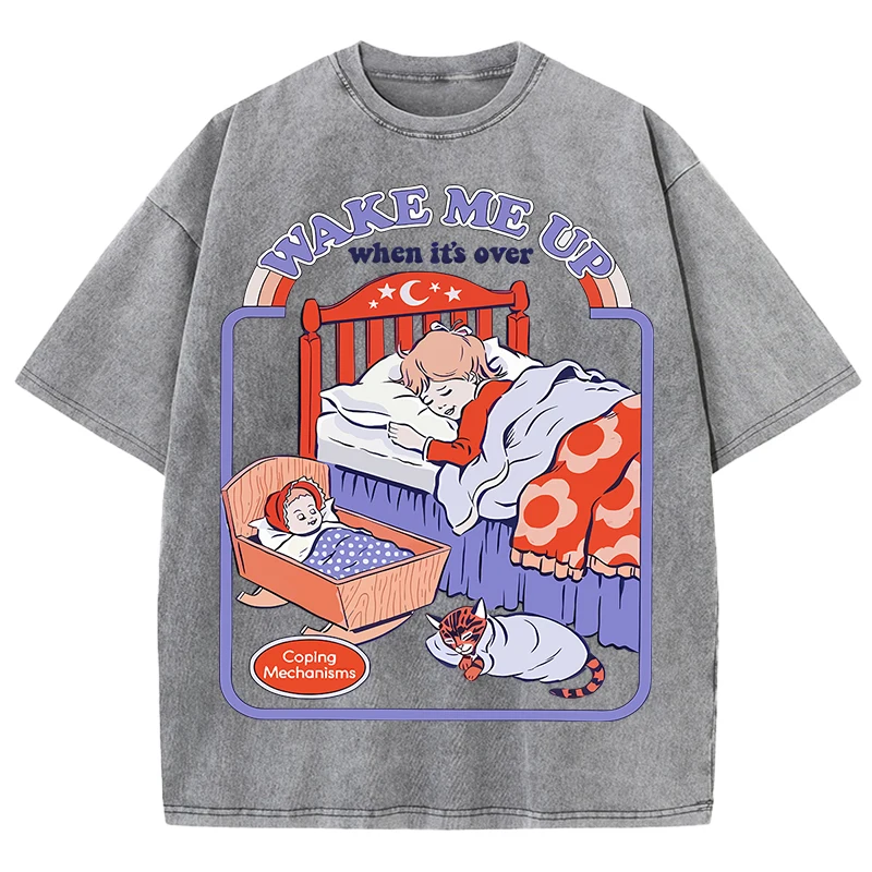 Wake Me Up Muster gewaschene Herren-T-Shirts, bequemes Hip-Hop-atmungsaktives T-Shirt, Unisex-Baumwollkleidung, lässiges Oversize-Top – Detail 12