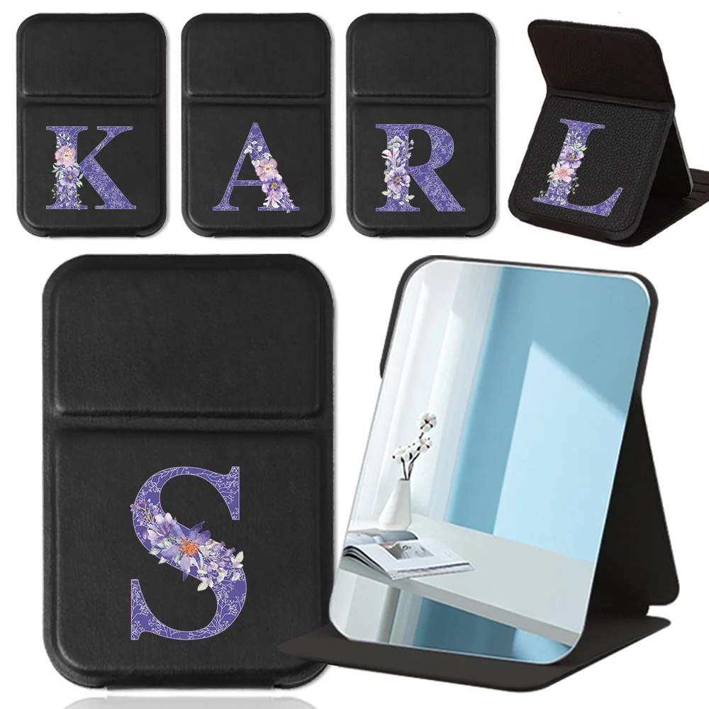 Portable Pu Makeup Mirror Handheld Cosmetic Mirror Adjustable Folding Desktop Cosmetic Tool Purple Flower Letter Pattern