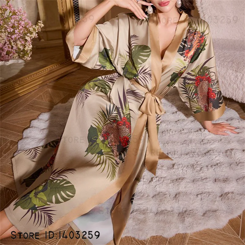 Plus Size Women Long Robe Nightgown Print Flower Kimono Bathrobe Gown Home Dress Silk Satin Sleepwear Loose Loungewear Lingerie