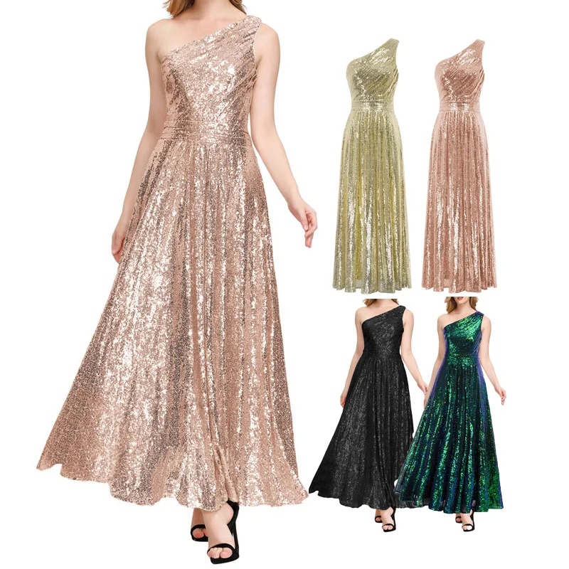 

One-shoulder Elegant Dresses for Women A-Line Sequins Floor Length robe de soirée de mariage