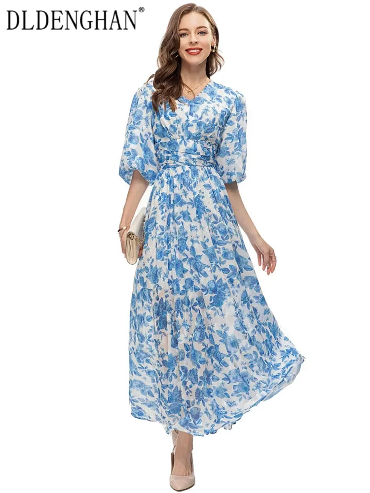 

DLDENGHAN Spring Summer Dress Women V-Neck Puff Sleeve Blue Rose Print Folds Elegant Party Long Dresses Fashion Runway New