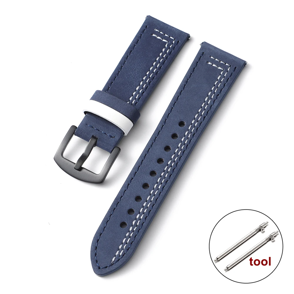Vintage Genuine Leather Watch Strap with Quick Release and Hand Stitching, 20mm 22mm Wristband