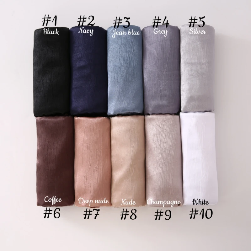 Women Plain Silk Satin Hijab Scarf Different Sides Bark Wrinkles Solid Color Long Shawl Muslim Women Smooth Silk Like Underscarf 3