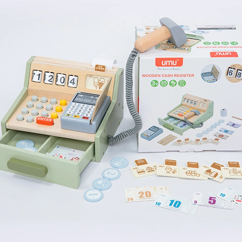 Wooden Simulation Supermarket Checkout Counter Toy Cash Register Kids Role-Play Toys Kitchen Toys Girls Pretend Play Toys 5
