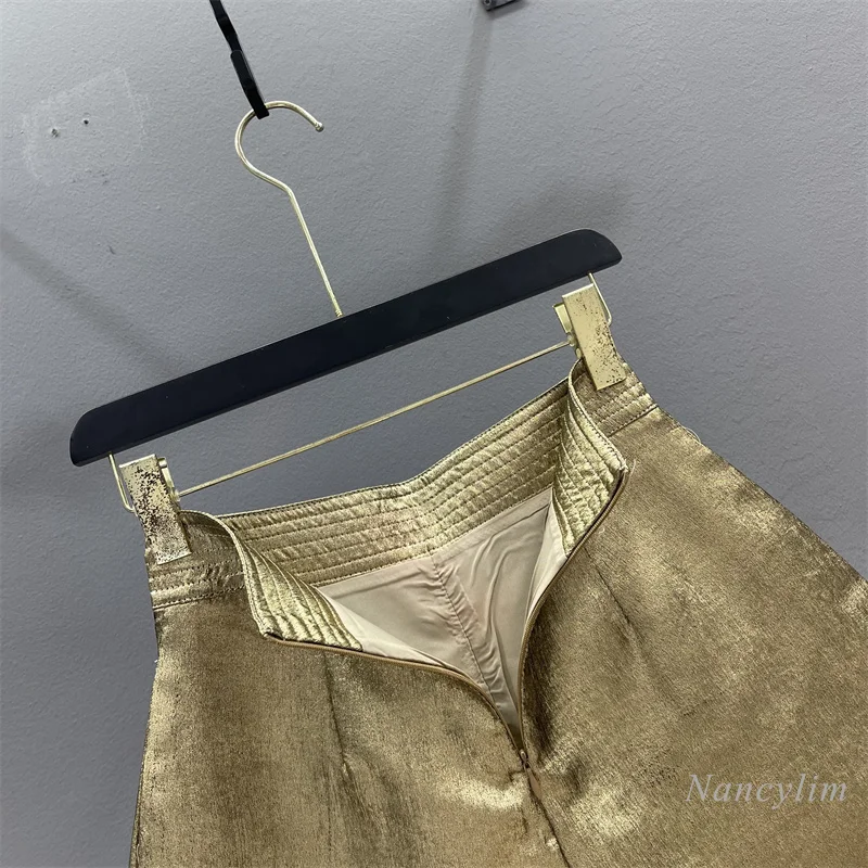 Shiny Bronzing Casual Shorts for Women 2024 Summer New Retro High Waist Slimming Hot Girl A- Line Wide-Leg Hot Pants Gold Shorts