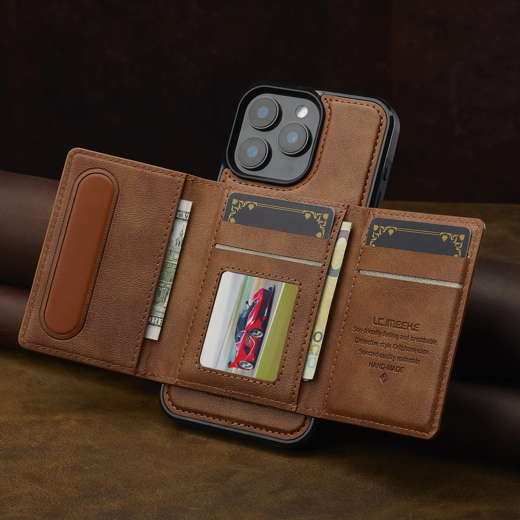 2-in-1 Detachable Magnetic Card Slot Leather Wallet Case with Wireless Charging Compatibility