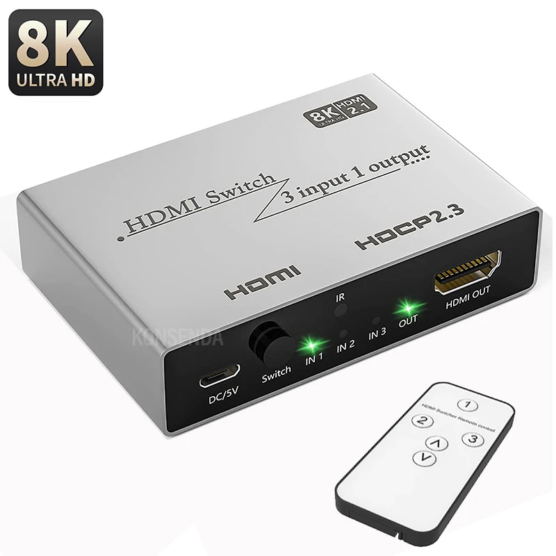 

Коммутатор на выход 3 в 1, 8K HDMI, переключатель HD 2,1, высокоскоростной переключатель 48 Гбит/с, 8K @ 60 Гц, 4K @ 120 Гц для монитора проекторов PS5