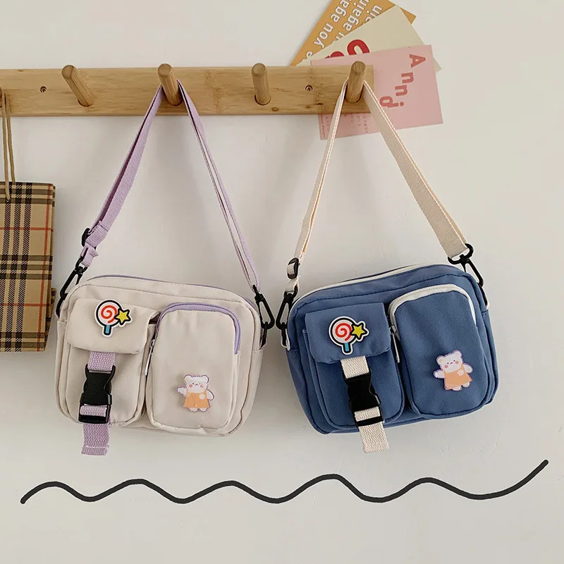 

Cute Bear Double Pocket Canvas Bag 2023 New Harajuku Style Diagonal Cross Net Red Small Square Bag
