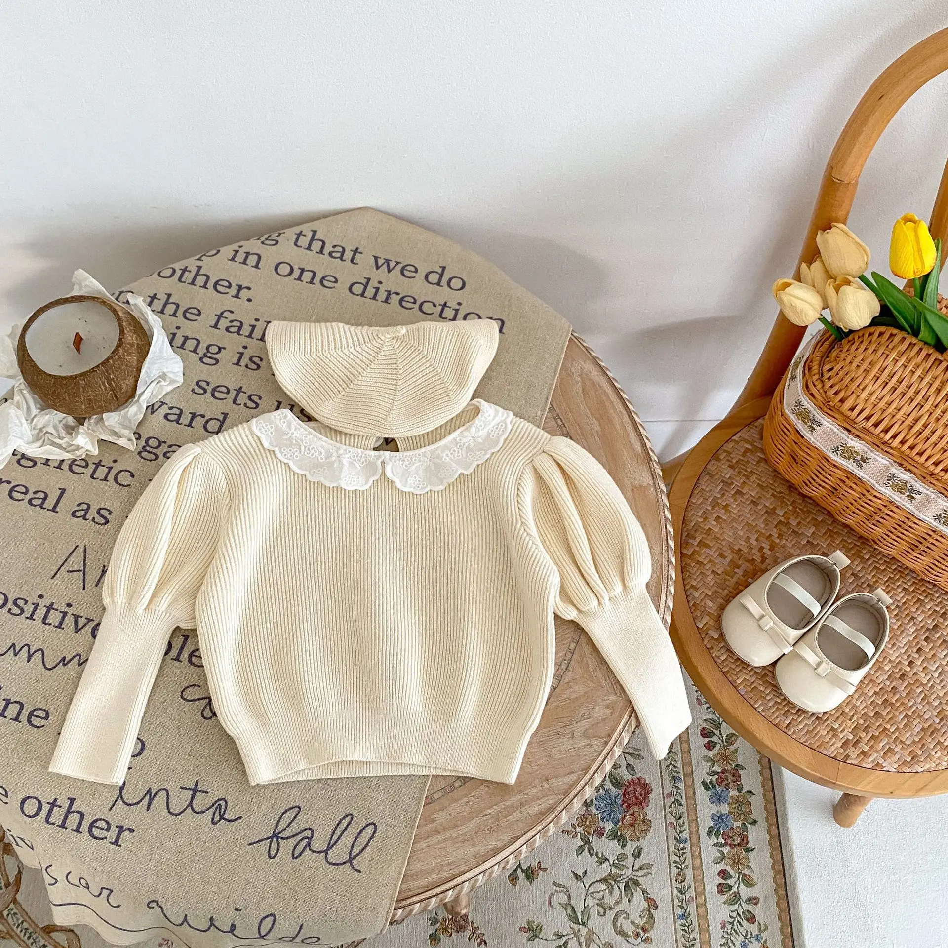 Spring New Baby Girl Lace Collar Bottoming Shirt Cotton Infant Toddler Puff Sleeve Knitted Pullover Girls Solid Casual Tops