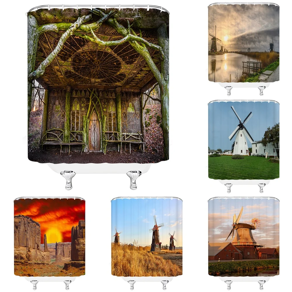 

Rustic Farmhouse Shower Curtain Windmill Wooden House Retro Western Farm Country Trees Wild Sunset Scenery Fabric Bath Curtains