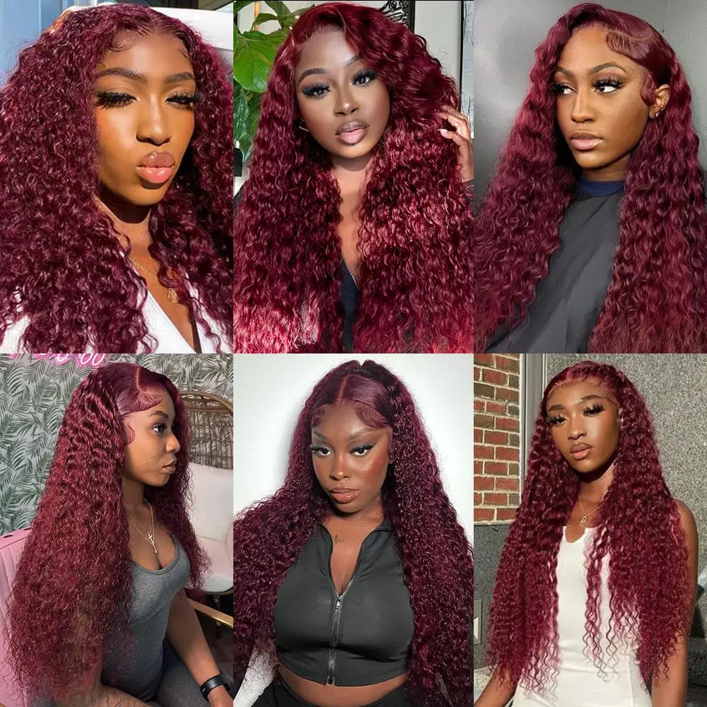 Burgundy Deep Wave Lace Front Wigs Human Hair Pre Plucked with Baby Hair 250% Density 99J Burgundy 13x4 Deep Wave Lace Front Wig