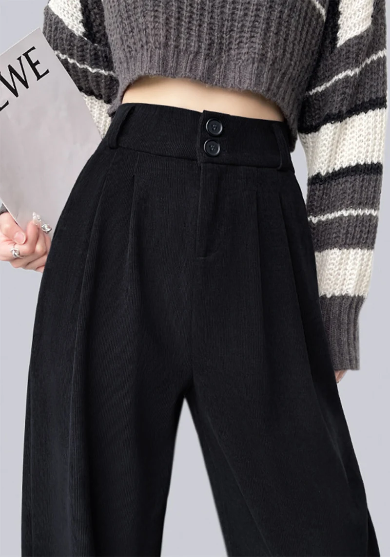 Winter Solid Color Plus Fleece Straight Pants Women Double Buttons Thicken Warm Corduroy Trousers Casual Comfortable Plush Pant