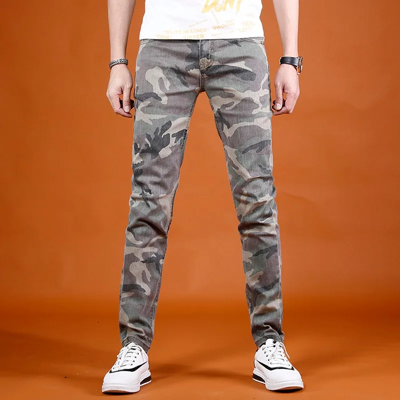 Camouflage Jeans Men Summer Lightweight Slim Fit Pants Streetwear Casual Straight Leg Denim Trousers