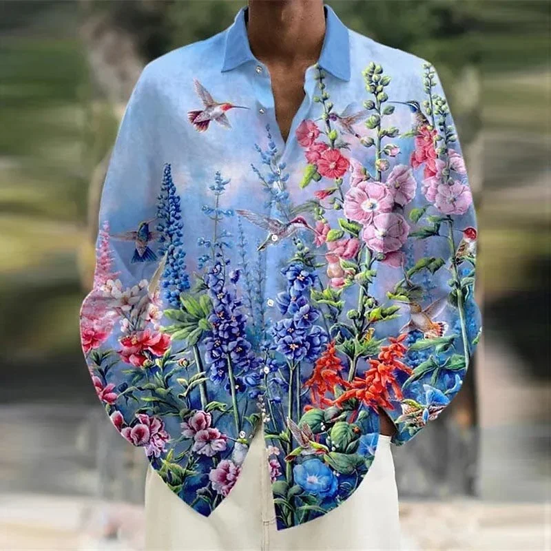 Summer 2023 men's shirts, flowers, birds, 3D printed long-sleeved single-breasted shirts, fashion street dance party design 6XL