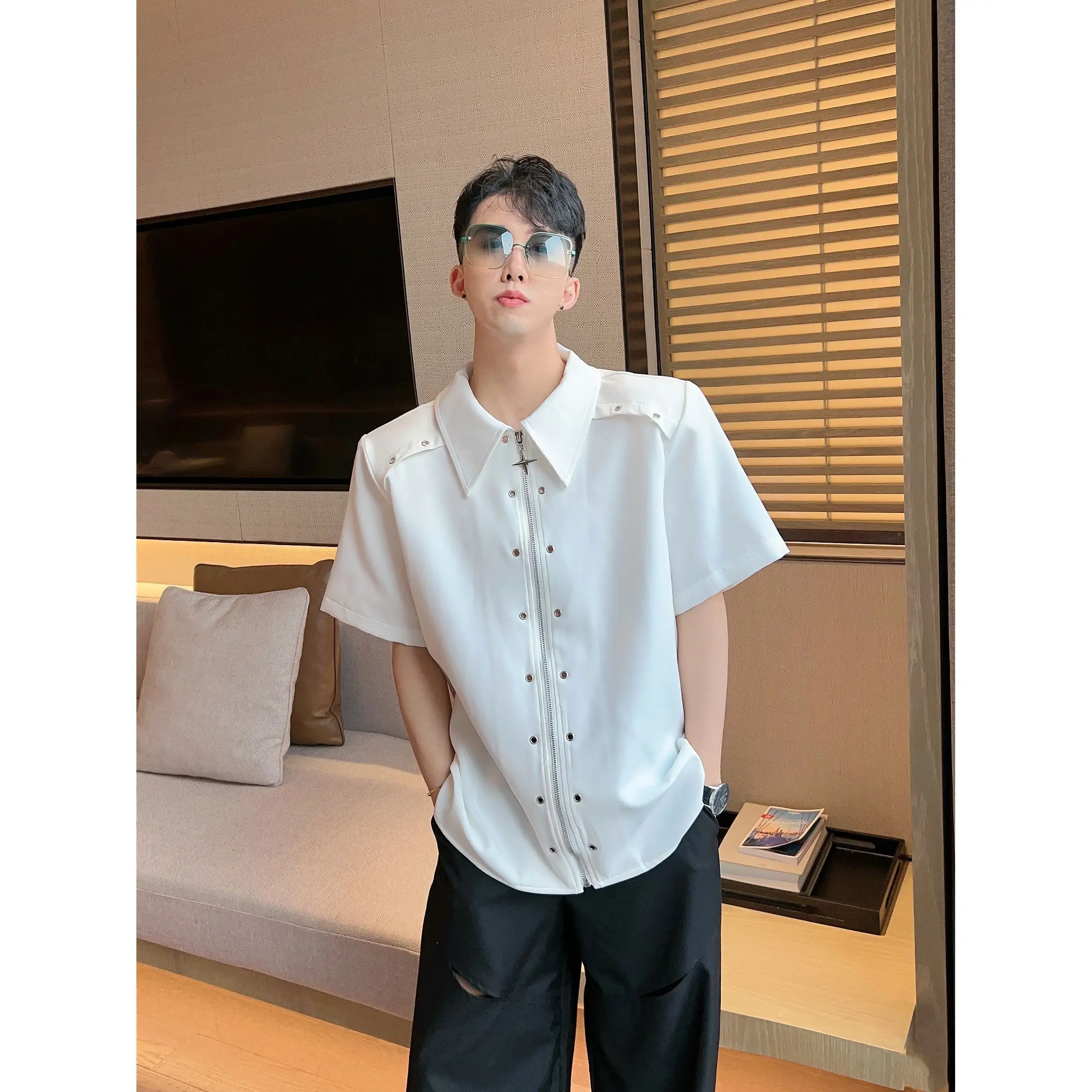 American Style High Street Niche Metal Shirt Male Loose Lapel Collar Zipper Solid Color Casual Short Sleeved All-match Shirt