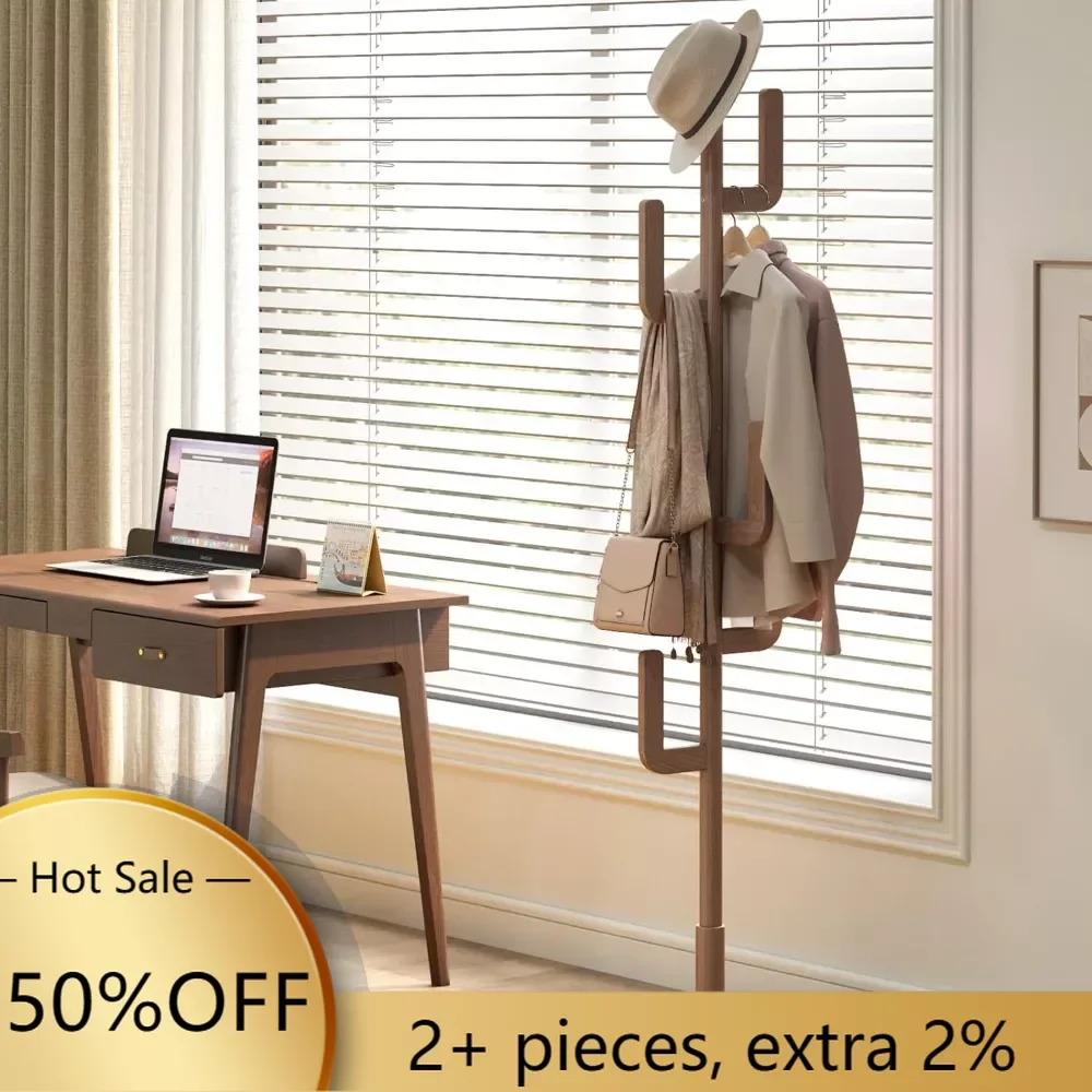 

Adjustable Height Wooden Stand With 6 Hooks Standing Coat Rack FAS Grade Rubber Wood Entrance Hall Living Room Furniture Home