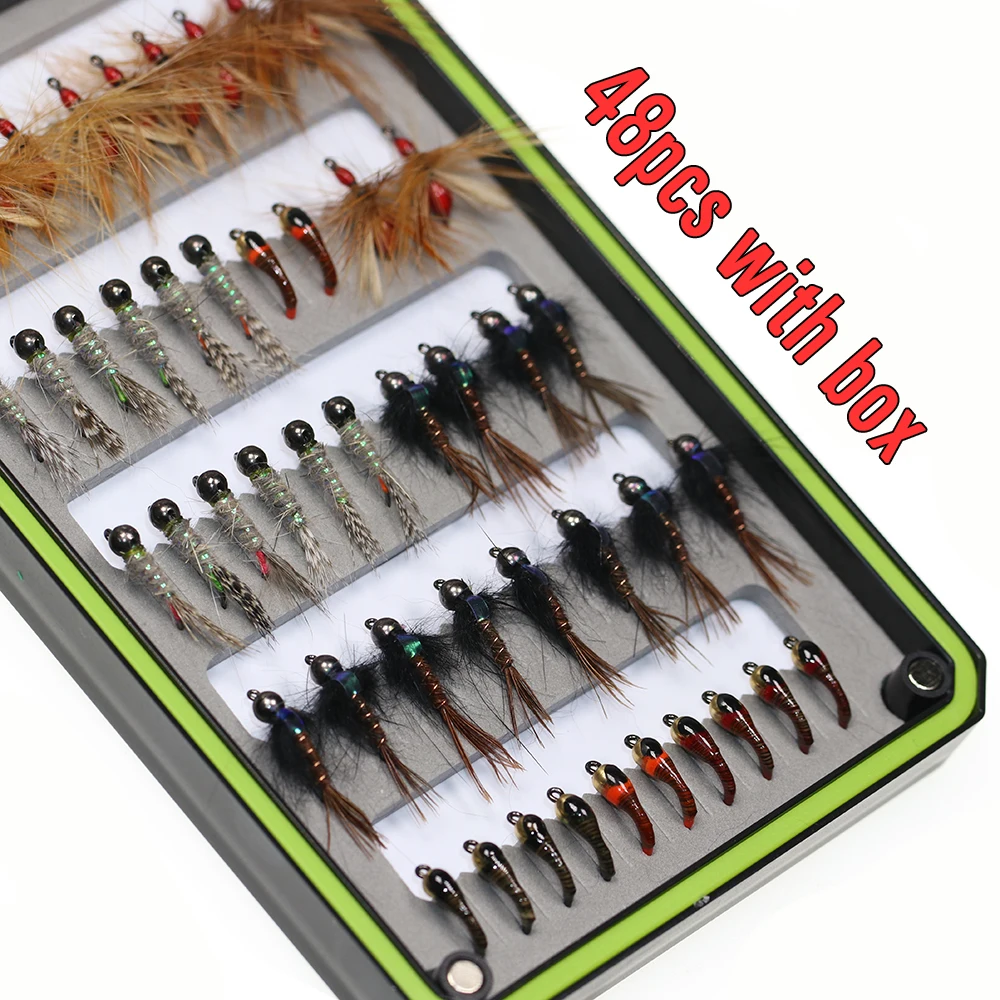 ICERIO 48PCS Nymph Kit Tungsten/Copper Beadhead Jig Euro Nymphs Barbless Hook Perdigon Nymphs Trout Fishing Fly Lure Baits