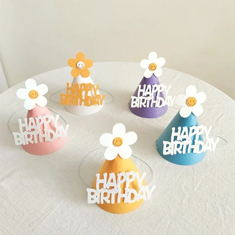 Happy Birthday Felt Hat Bowknot Cone Hats Flower Strawberry Cap Baby's DIY Handmade Crown Cute Party Supplies Adult Kids