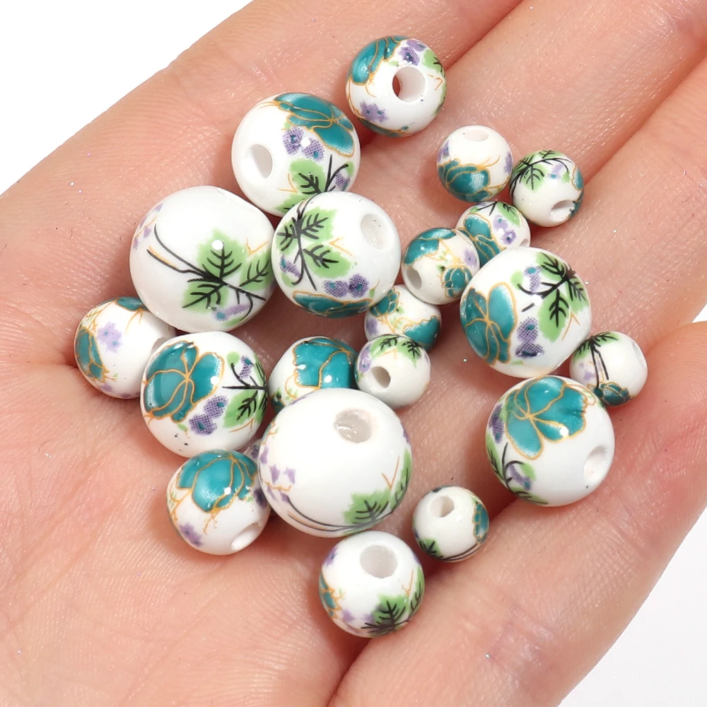 10-30pcs 블루 그린 중국 꽃 패턴 라운드 세라믹 도자기 느슨한 스페이서 비즈 DIY 공예품 만들기 의류 장식