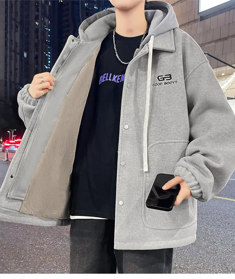 Lässige Herren-Fleece-Futtermäntel mit Kapuze, 20225, Winter, Jugend, Streetwear, lockere Plüsch-warme Jacke, winddicht, samtgepolstertes Oberteil – Detail 15