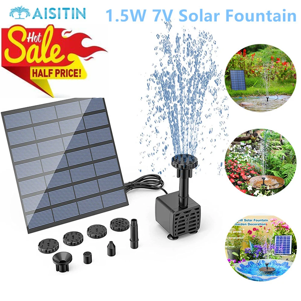 Solar Fountain Solar Fountain Pump Solar Water Pump AISITIN DIY Solar Water Pump Kit with 6 Nozzles DIY Water Feature Outdoor Fountain for Bird Bath Ponds Garden and Fish Tank