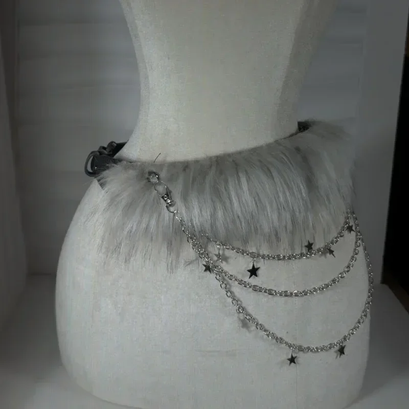 Vintage Y2K Faux Fur Punk Waistband with Metal Bead Chain