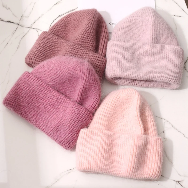 Fashion Warm Cashmere Wool Skullies Angola Rabbit Fur Winter Knitted Beanies Women Cap Female Three Fold Ski Outdoor Hats 2