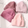 Fashion Warm Cashmere Wool Skullies Angola Rabbit Fur Winter Knitted Beanies Women Cap Female Three Fold Ski Outdoor Hats 2