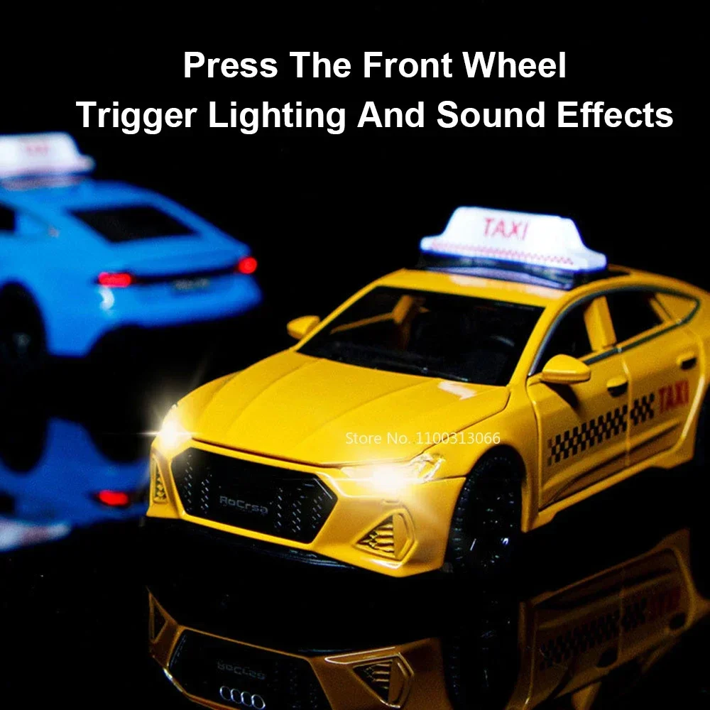 1:32 Audi RS7 Miniature Taxi Toy Model Cars Alloy Diecast Pull Back Sound Light 6 Doors Opened Vehicles Decoration Boys Gifts 4