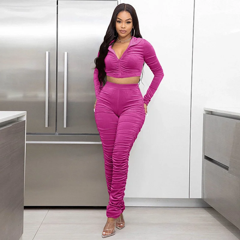 Spring Autumn Velvet Stacked Women's Set Zipper Crop Hoodies Ruched Pants Set Sports Tracksuit Two Piece Outfit Active Sweatsuit