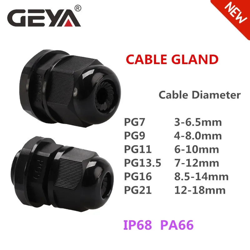 PG Cable Gland Waterproof Black Nylon Plastic Connector IP68 Cable Gland GEYA PG7 PG9 PG11 PG13.5 PG16 PG21