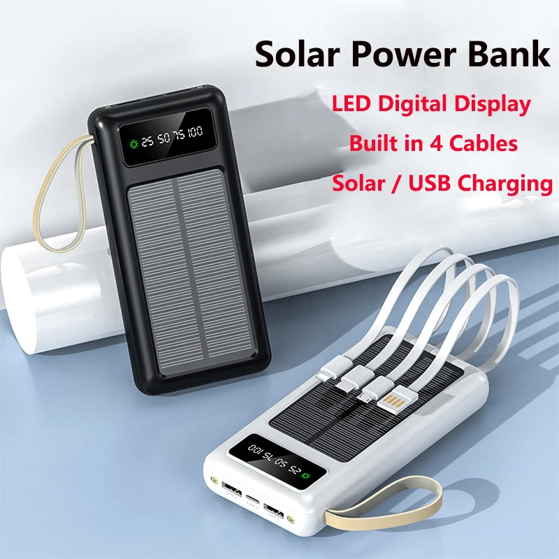 

30000mAh Solar Power Bank Built in Cable Portable Fast Charging Powerbank for iPhone 14 13 X Samsung S22 Huawei Xiaomi Poverbank