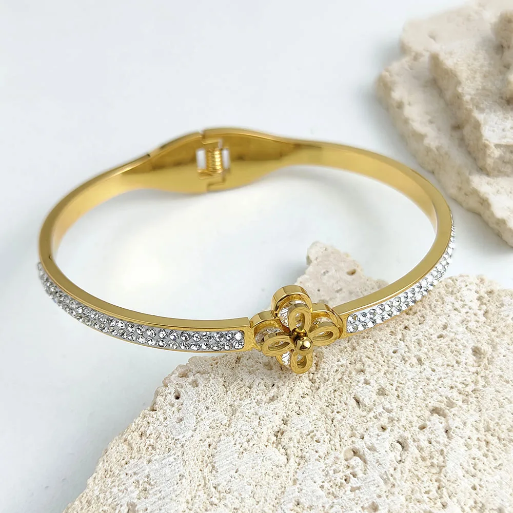 New four-leaf clover zircon stainless steel gold-plated 18K bracelet, high quality waterproof silver jewelry, gift for couples 5