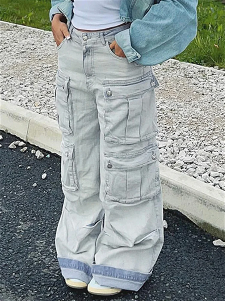 

2023 New Harajuku Vintage Heavy Industry Multi-Pocket Washed Cargo Pants Women Y2K Streetwear High-Rise Loose Straight-Leg Jeans