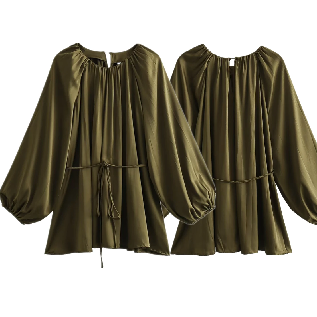 Jenny&Dave 2024 Autumn French Lazy Style Fashion Army Green Retro Pleated Satin Shirt Elegant Casual Blouse Women Tops