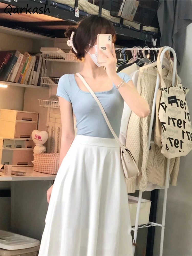 

Sets Women Summer Slim T-shirts + Midi White High Waist Skirts Sweet Lovely Elegant New Arrival Korean Females Students Casual